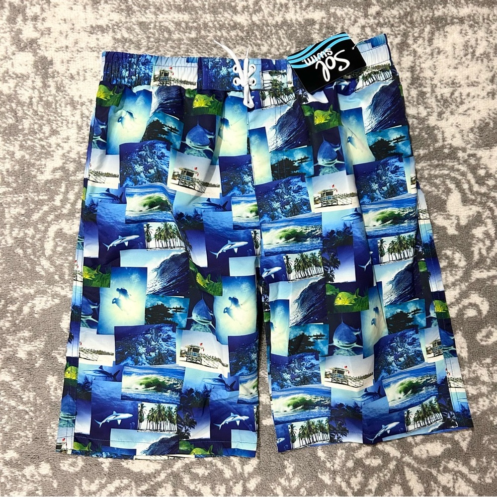 Sol Swim Boys Blue Memoirs Print Board Swim Shorts NWT L 14/16